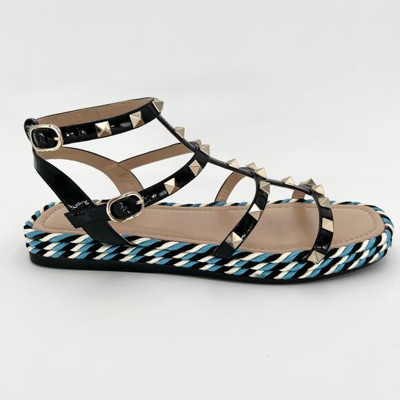 VALENTINO GARAVANI Rockstud Caged Leather Sandals EU 38 US 8 Blue Black Flats - Picture 1 of 11